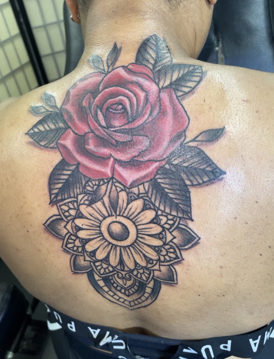 After: rose and mandala cover-up tattoo